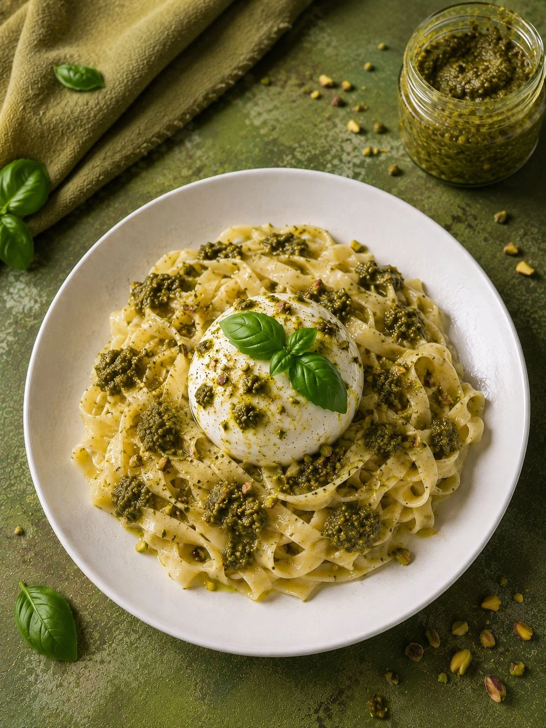 Pâtes au pesto vert, burrata et pistache